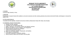 BENGUET STATE UNIVERSITY 
COLLEGE OF TEACHER EDUCATION 
La Trinidad, Benguet 
VALUES EDUCATION MAJORS 
ACTION PLAN 
SY2014-2015 
I.VISION 
A premier state university in Asia. 
II.MISION 
Development of people imbued with excellence and social conscience and who actively generate and promote environment-friendly technologies to improve the 
quality of life. 
III.COLLEGE GOALS 
To educate and train globally competent and service-oriented professionals imbued with virtues and principles. 
IV.GENERAL OBJECTIVES (BSE) 
a. Updated curricular offerings. 
b. Competent and committed faculty staff. 
c. Quality, responsive, and functional research and extension services. 
d. Efficient and effective resource utilization and management. 
e. Shared valuesand teamwork the workplace. 
f. Visible income generating projects. 
g. State-of-art information systems, infrastructure and facilities. 
h. Policy support to development. 
i. Community involvement inUniversity activities. 
j. Strong university relations with the alumni and the public. 
 