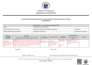 Republic of the Philippines
Department of Education
NEAP-RECOGNIZED PROFESSIONAL DEVELOPMENT PROGRAMS AND COURSES
ACTION PLAN
PLEASE PRINT ALL INFORMATION REQUESTED
NAME: POSITION TITLE / DESIGNATION:
WORK STATION (School / Office Unit) SCHOOLS DIVISION OFFICE: NEGROS OCCIDENTAL REGION VI
SERVICE PROVIDER (Name of DSP/LSP): PROGRAM / COURSE TITLE: COURSE DATE : APRIL 2022
Workplace
Development
Objective
Situationer
Describe current situation problem or opportunity in your
workplace that you need to address through your REAP.
Date
Implementation
Expected Output
Expected
Beneficiaries
Success Indicators:
What will serve as
evidence of success of the
REAP?
Remarks
Sample Only:
Increased the literacy
rate of Learners in the
District of Cauayan
Cluster 2
Sample Only: Due to the new normal, the students were not able to
grasp thoroughly the lessons. Looking back at the grassroots, the
students fail to read and understand some concepts which really need
assistance from the teachers or from the adults. As such, those
learners must be given a priority so that they could continue to
respond to the demands of the new normal.
Sample Only: May
2022 – July 2022
Sample Only: An
innovation program on
how to increase the
literacy rate of the
learners
Sample Only: Grade
4 to 6 students
Grade 7 – 10
students
Sample Only: Increase in
the literacy level and
academic performance of the
learners.
Prepared By: Approved By:
Signature of Scholar / Date Name and Signature of Immediate Supervisor of Scholar / Date
Second Floor, Mabini Building, DepEd Complex, Meralco Avenue, Pasig City 1600  Telefax No. 8638-8638  email add: neapdo.depedco@gmail.com
Grow. Empower. Transform.
 