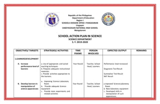 Republic of the Philippines
Department of Education
Region I
SCHOOLS DIVISION OFFICE I PANGASINAN
Lingayen
CABAYAOASAN NATIONAL HIGH SCHOOL
Mangatarem
SCHOOL ACTION PLAN IN SCIENCE
SCIENCE DEPARTMENT
S. Y. 2019-2020
OBJECTIVES/ TARGETS STRATEGIES/ ACTIVITIES TIME
FRAME
PERSON
INVOLVED
EXPECTED OUTPUT REMARKS
1.LEARNERSDEVELOPMENT
A. Increase
performance level of
learners
B. Develop learners in
manipulation of
science apparatuses
a. Use of appropriate and varied
teaching techniques.
b. Prepares adequate instructional
materials.
c. Provide activities appropriate to
the learners.
a. Improving Science Laboratory
Room
b. Provide adequate Science
equipment
c. Provide more experiments and
related activities
Year Round
Year Round
Teacher, School
Head, Learners
Teacher, School
Head, Learners
Performance level increased
Diagnostic Test Result
Summative Test Result
NAT Result
a.Improved ScienceLaboratory
Room
b. New laboratory equipment
c. Developed skills in
manipulation of such
apparatuses.
 