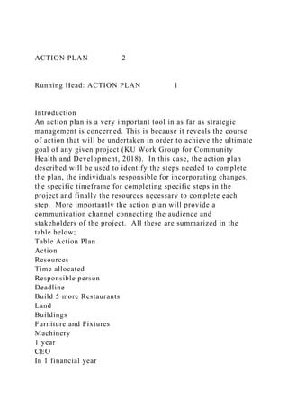 ACTION PLAN 2
Running Head: ACTION PLAN 1
Introduction
An action plan is a very important tool in as far as strategic
management is concerned. This is because it reveals the course
of action that will be undertaken in order to achieve the ultimate
goal of any given project (KU Work Group for Community
Health and Development, 2018). In this case, the action plan
described will be used to identify the steps needed to complete
the plan, the individuals responsible for incorporating changes,
the specific timeframe for completing specific steps in the
project and finally the resources necessary to complete each
step. More importantly the action plan will provide a
communication channel connecting the audience and
stakeholders of the project. All these are summarized in the
table below;
Table Action Plan
Action
Resources
Time allocated
Responsible person
Deadline
Build 5 more Restaurants
Land
Buildings
Furniture and Fixtures
Machinery
1 year
CEO
In 1 financial year
 
