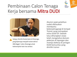 Pembinaan Calon Tenaga
Kerja bersama Mitra DUDI
Alumni sejak pelatihan
sudah dibiasakan
membantu
bekerja(magang) di tempat
Trainer yang merupakan
mitra DUDI DT. Setelah
lulus diharapkan siswa
telah mengetahui domain
pekerjan di lapangan dan
mampu bekerja di jaringan
DUDI komunitas yang
dimiliki trainer
 