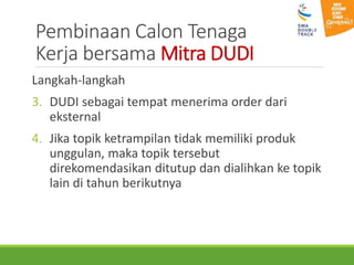 Pembinaan Calon Tenaga
Kerja bersama Mitra DUDI
Langkah-langkah
3. DUDI sebagai tempat menerima order dari
eksternal
4. Jika topik ketrampilan tidak memiliki produk
unggulan, maka topik tersebut
direkomendasikan ditutup dan dialihkan ke topik
lain di tahun berikutnya
 
