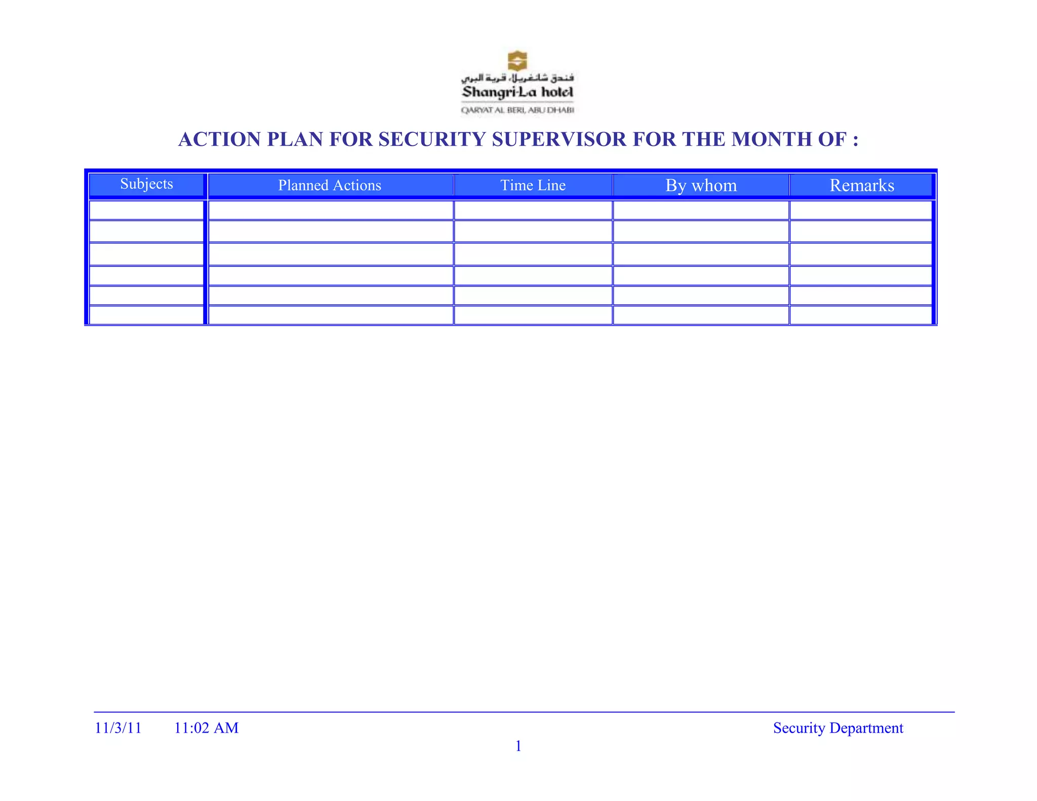 ACTION PLAN FOR SECURITY SUPERVISOR FOR THE MONTH OF :
Subjects Planned Actions Time Line By whom Remarks
11/3/11 11:02 AM Security Department
1