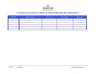 ACTION PLAN FOR SECURITY SUPERVISOR FOR THE MONTH OF :

   Subjects              Planned Actions   Time Line   By whom           Remarks




11/3/11       11:02 AM                                           Security Department
                                            1
 