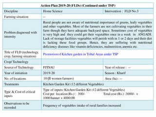 Action Plan 2019-20 (FLDs)(Continued under TSP)
Discipline Home Science Intervention : FLD No.3
Farming situation --
Problem diagnosed with
intensity
Rural people are not aware of nutritional importance of greens, leafy vegetables
and other vegetables. Most of the farmers are not cultivating vegetables in their
farm though they have adequate backyard space. Sometimes cost of vegetables
is very high and they could get their vegetables once in a week in ANGADI.
Lack of storage facilities vegetables will perish with in 1 or 2 days and their diet
is lacking these food groups. Hence, they are suffering with nutritional
deficiency diseases like vitamin deficiencies, malnutrition,anemia etc.
Title of FLD (technology,
crop, farming situation)
PromotionofKitchen garden in Tribal Areas under TSP
Crop/ Technology
Source of Technology PJTSAU Year of release : --
Year of initiation 2019-20 Season : Kharif
No. of locations 10 (6 women farmers) Area (ha) : --
Treatments Kitchen Garden Kit (12 different Vegetables)
Type & Cost of critical
inputs
Type of inputs: Kitchen Garden Kit (12 different Vegetables)
Cost per location(Rs.) : 300/- Total cost (Rs.) :3000/- +
1000 banner + 4000.00
Observations to be
recorded
Frequency of vegetables intake of rural families increased
 