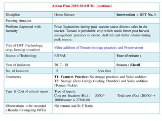Action Plan 2019-20 (OFTs) (continue)
Discipline Home Science Intervention : OFT No. 1
Farming situation --
Problem diagnosed with
intensity
Price fluctuations during peak seasons cause distress sales in the
market. Tomato is perishable crop which needs better post harvest
management practices to extend shelf life and better returns during
peak season.
Title of OFT (Technology,
crop, farming situation)
Value addition of Tomato (storage practices and Preservation)
Source of Technology PJTSAU Year of release :
Year of initiation 2017 - 18 Season : Kharif
No. of locations 5 Area (ha)
Treatments T1: Farmers Practice: No storage practices and Value addition
T2: Storage (Zero Energy Cooling Chamber) and Value addition
(Tomato Pickle)
Type & Cost of critical inputs Type of inputs:
Cost per location (Rs.) : 5300/- Total cost (Rs.) :26500/- +
1000 banner = 27500.00
Observations to be recorded
( Results for ongoing OFTs)
Net returns and B: C Ratio
 