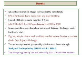  Per capita consumption of eggs increased in the tribal family
 50% of birds died due to heavy rains and otherproblems
 8 month old birds gained a weight of 4-5 kgs
 Sold 2-3 birds @ Rs. 300/kg and earned Rs. 2000 to 2500
 Demonstrated the procedureabouthatchingof Rajasree birds eggs under
desi female birds
 Egg hatchingincubator made available to tribal women farmers to produce
chicks from Rajasree birds eggs
 The net average income generated by tribal women farmer through
Backyard Poultryduring 2018-19 was Rs. 3454.0
 The average egg laid by one unit per during 2018-19were 400 numbers
Results
 