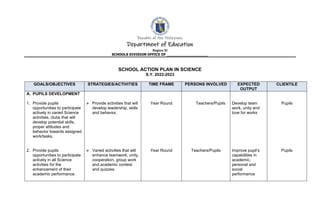 Republic of the Philippines
Department of Education
Region XI
SCHOOLS DIVISION OFFICE OF ___________________
SCHOOL ACTION PLAN IN SCIENCE
S.Y. 2022-2023
GOALS/OBJECTIVES STRATEGIES/ACTIVITIES TIME FRAME PERSONS INVOLVED EXPECTED
OUTPUT
CLIENTILE
A. PUPILS DEVELOPMENT
1. Provide pupils
opportunities to participate
actively in varied Science
activities, clubs that will
develop potential skills,
proper attitudes and
behavior towards assigned
work/tasks.
2. Provide pupils
opportunities to participate
actively in all Science
activities for the
enhancement of their
academic performance.
 Provide activities that will
develop leadership, skills
and behavior.
 Varied activities that will
enhance teamwork, unity,
cooperation, group work
and academic contest
and quizzes.
Year Round
Year Round
Teachers/Pupils
Teachers/Pupils
Develop team
work, unity and
love for works
Improve pupil’s
capabilities in
academic,
personal and
social
performance
Pupils
Pupils
 