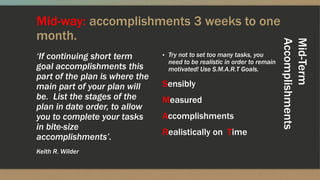 Mid-way: accomplishments 3 weeks to one
month.
‘If continuing short term
goal accomplishments this
part of the plan is where the
main part of your plan will
be. List the stages of the
plan in date order, to allow
you to complete your tasks
in bite-size
accomplishments’.
Keith R. Wilder
▪ Try not to set too many tasks, you
need to be realistic in order to remain
motivated! Use S.M.A.R.T Goals.
Sensibly
Measured
Accomplishments
Realistically on Time
Mid-Term
Accomplishments
 