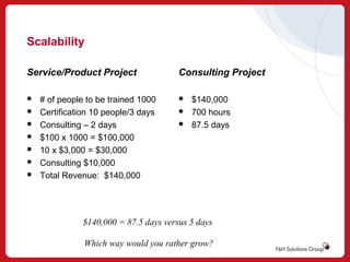 Scalability
Service/Product Project








# of people to be trained 1000
Certification 10 people/3 days
Consulting – 2 days
$100 x 1000 = $100,000
10 x $3,000 = $30,000
Consulting $10,000
Total Revenue: $140,000

Consulting Project




$140,000
700 hours
87.5 days

$140,000 = 87.5 days versus 5 days
Which way would you rather grow?

 
