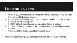 Statistics- students
●
●
●
●
●

in 2010, 800,000 incidents were reported where students ages 12-18 were
the victims of bullying or violence
in the 2009-2010 school year, 33 school-related deaths occured. Almost
half were on school property.
In 2011, 20% of students reported being the victims of bullying
In 2011, 33% of students reported being involved in physical fights within
the year
Incidence of bullying has doubled in recent years

http://www.dosomething.org/tipsandtools/11-facts-about-school-violence

 