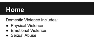 Home
Domestic Violence Includes:
● Physical Violence
● Emotional Violence
● Sexual Abuse

 
