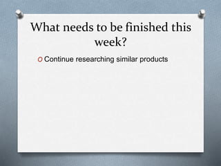 What needs to be finished this
week?
O Continue researching similar products
 