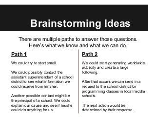 Brainstorming Ideas
There are multiple paths to answer those questions.
Here’s what we know and what we can do.
Path 1 Path 2
We could try to start small.
We could possibly contact the
assistant superintendent of a school
district to see what information we
could receive from him/her.
Another possible contact might be
the principal of a school. We could
explain our cause and see if he/she
could do anything for us.
We could start generating worldwide
publicity and create a large
following.
After that occurs we can send in a
request to the school district for
programming classes in local middle
schools.
The next action would be
determined by their response.
 