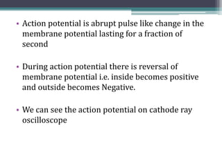 • Action potential is abrupt pulse like change in the
membrane potential lasting for a fraction of
second
• During action potential there is reversal of
membrane potential i.e. inside becomes positive
and outside becomes Negative.
• We can see the action potential on cathode ray
oscilloscope
 