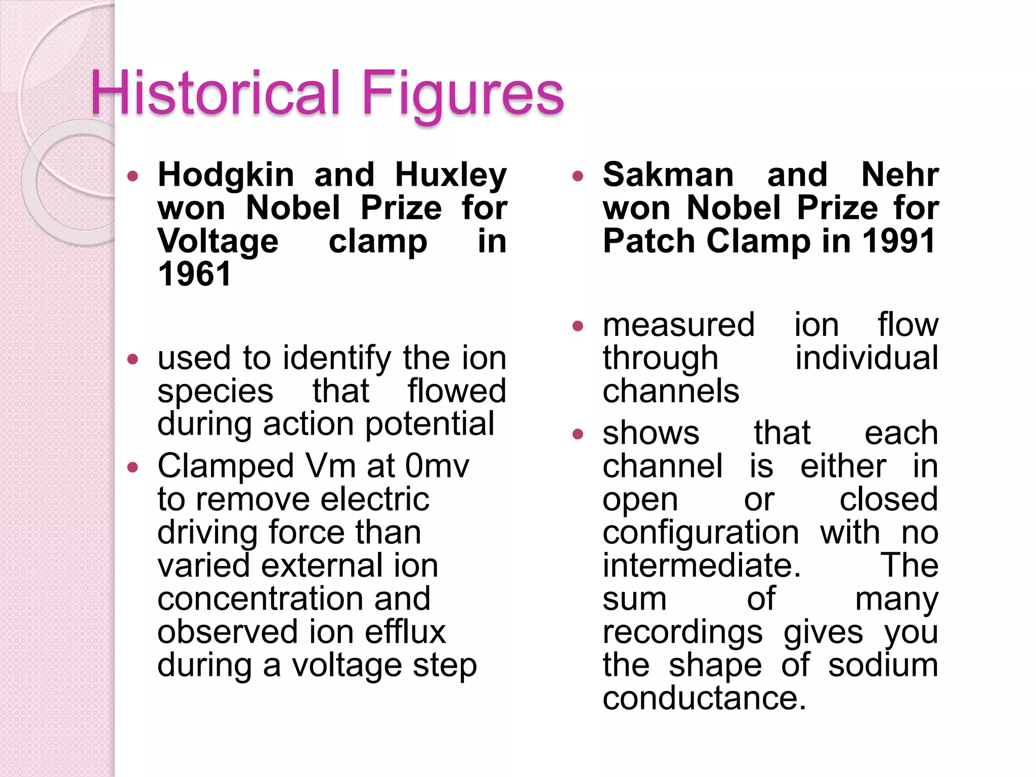Historical Figures 
 Hodgkin and Huxley 
won Nobel Prize for 
Voltage clamp in 
1961 
 used to identify the ion 
species that flowed 
during action potential 
 Clamped Vm at 0mv 
to remove electric 
driving force than 
varied external ion 
concentration and 
observed ion efflux 
during a voltage step 
 Sakman and Nehr 
won Nobel Prize for 
Patch Clamp in 1991 
 measured ion flow 
through individual 
channels 
 shows that each 
channel is either in 
open or closed 
configuration with no 
intermediate. The 
sum of many 
recordings gives you 
the shape of sodium 
conductance. 
 