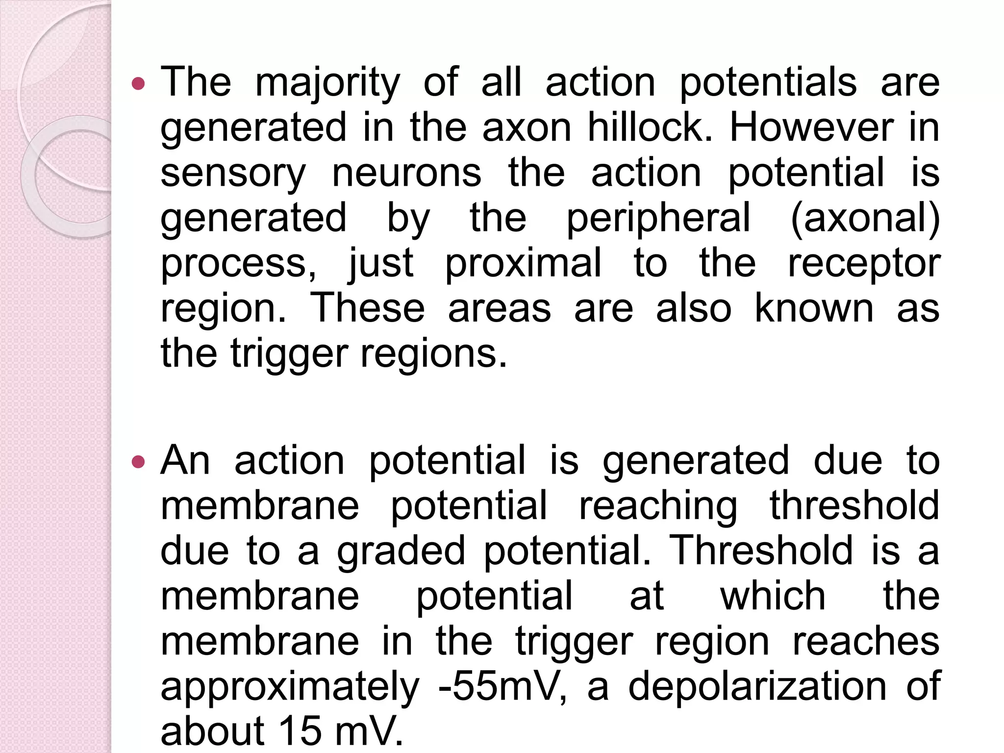  The majority of all action potentials are 
generated in the axon hillock. However in 
sensory neurons the action potential is 
generated by the peripheral (axonal) 
process, just proximal to the receptor 
region. These areas are also known as 
the trigger regions. 
 An action potential is generated due to 
membrane potential reaching threshold 
due to a graded potential. Threshold is a 
membrane potential at which the 
membrane in the trigger region reaches 
approximately -55mV, a depolarization of 
about 15 mV. 
 