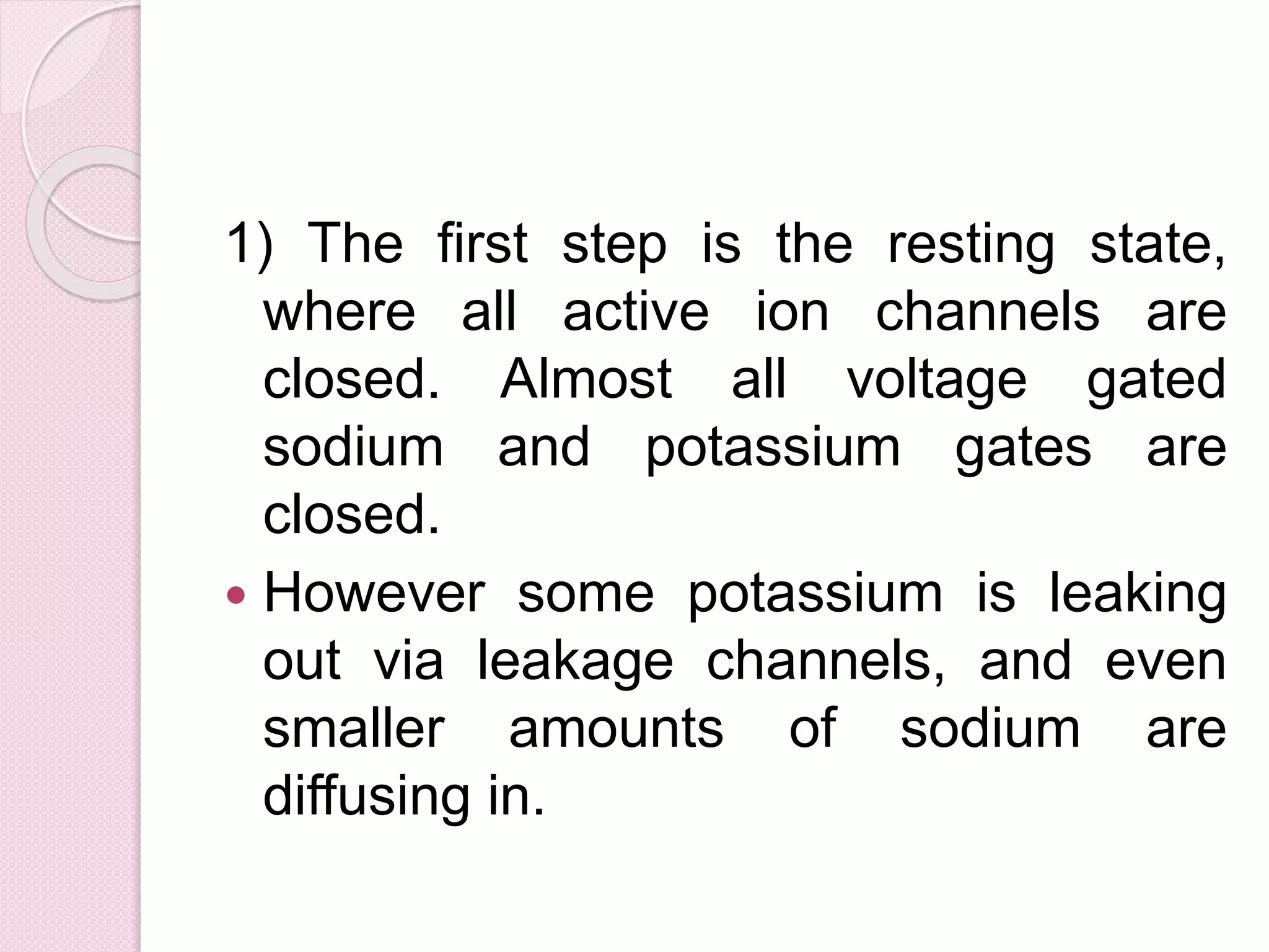 1) The first step is the resting state, 
where all active ion channels are 
closed. Almost all voltage gated 
sodium and potassium gates are 
closed. 
 However some potassium is leaking 
out via leakage channels, and even 
smaller amounts of sodium are 
diffusing in. 
 