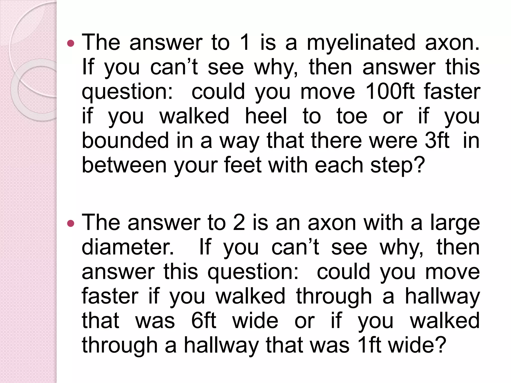  The answer to 1 is a myelinated axon. 
If you can’t see why, then answer this 
question: could you move 100ft faster 
if you walked heel to toe or if you 
bounded in a way that there were 3ft in 
between your feet with each step? 
 The answer to 2 is an axon with a large 
diameter. If you can’t see why, then 
answer this question: could you move 
faster if you walked through a hallway 
that was 6ft wide or if you walked 
through a hallway that was 1ft wide? 
