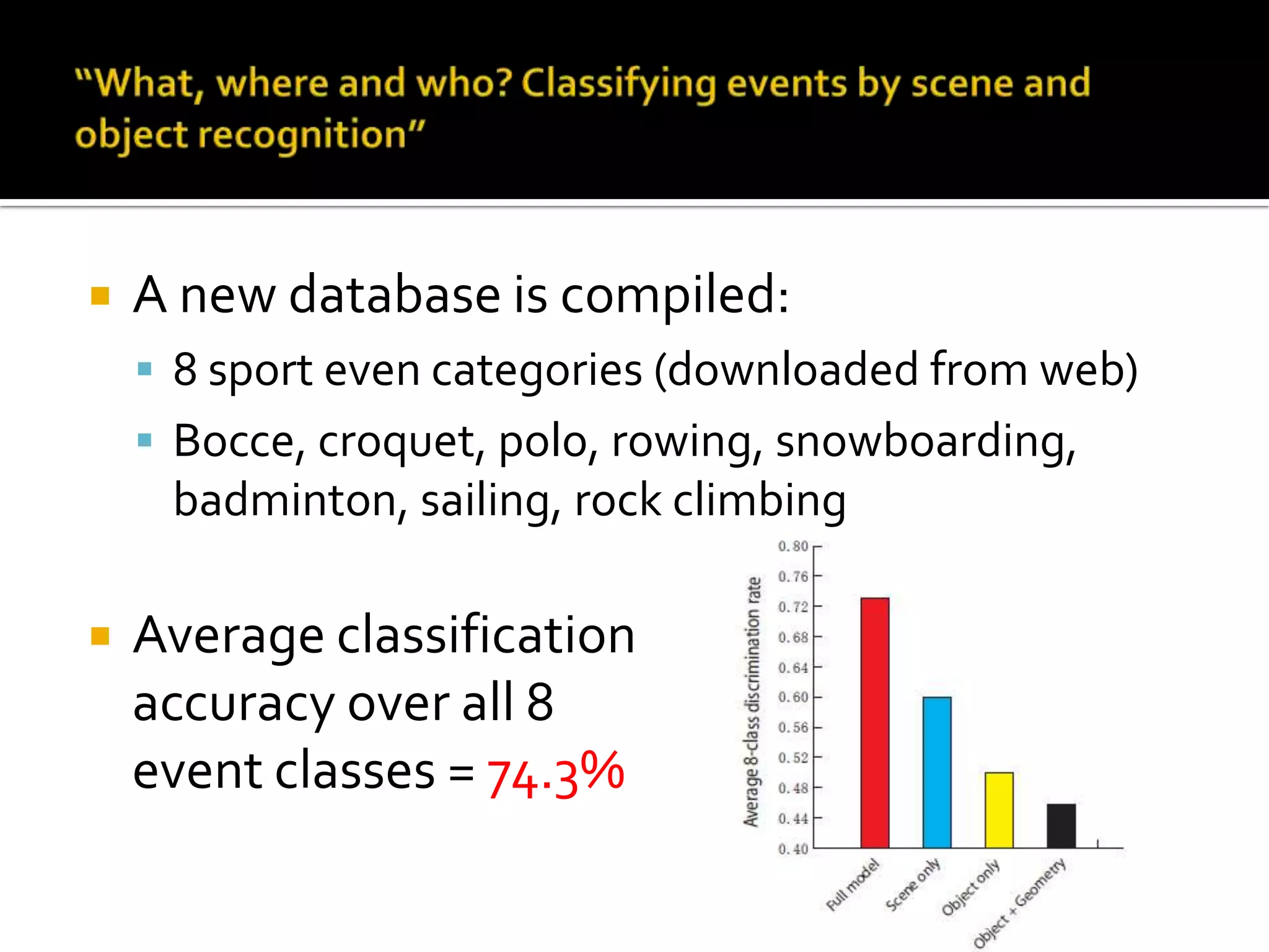 “What, where and who? Classifying events by scene and object recognition”The graphical modelE: eventS: sceneO: objectX: scene featureA: appearance featureG: geometry layout