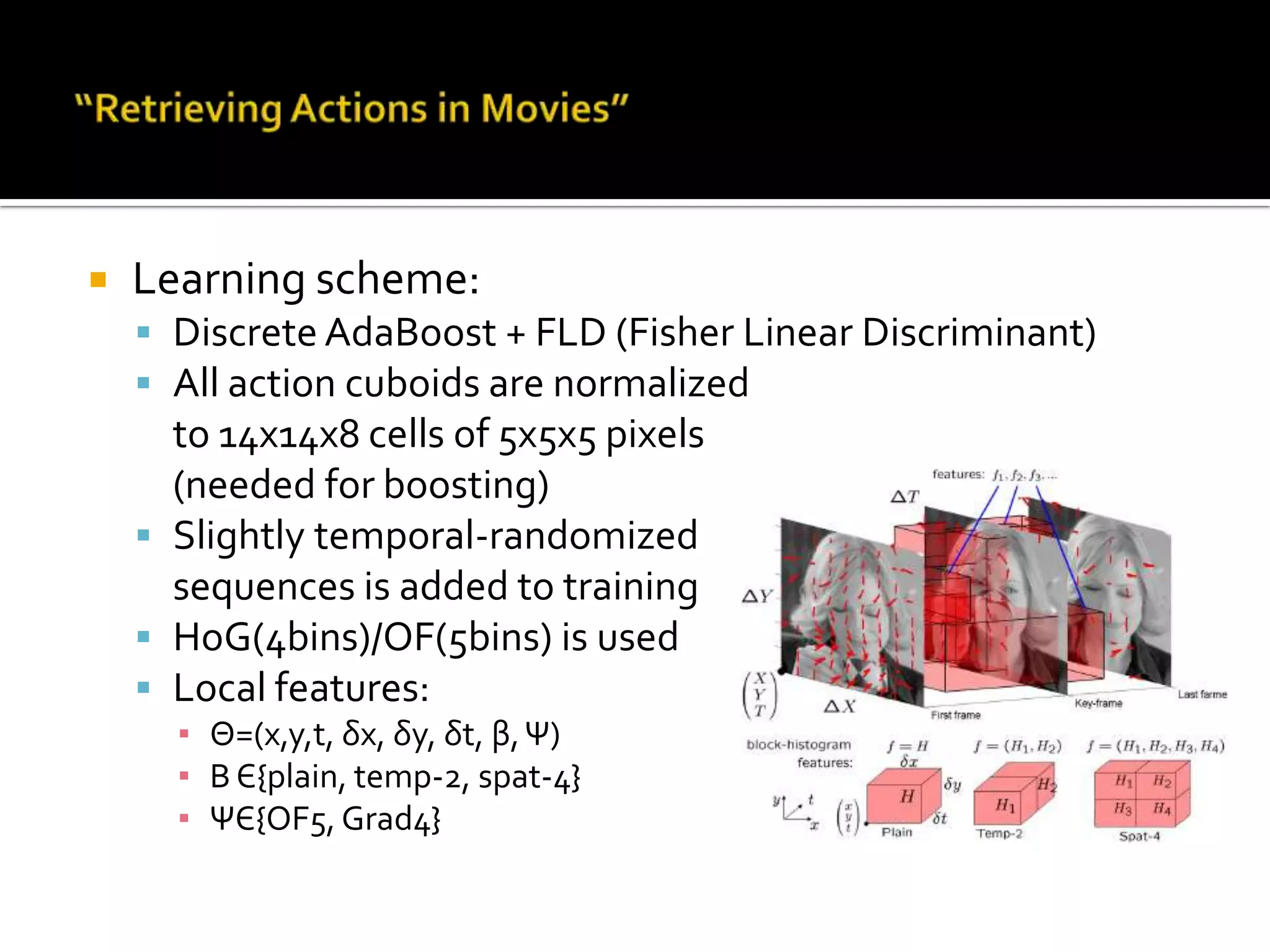 “Retrieving Actions in Movies”Real movie action database:105 drinking actions141 smoking actionsDifferent scenes/people/viewswww.irisa.fr/vista/Equipe/People/Laptev/actiondetection.htmlAction representation:R = (P, ΔP)P = (X, Y, T): space-time coordinatesΔP = (ΔX, ΔY, ΔT):ΔX: 1.6 width  of head bounding boxΔY: 1.3 height of head bounding box
