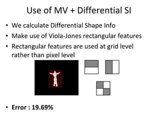 Use of MV + Differential SI  We calculate Differential Shape Info Make use of Viola-Jones rectangular features Rectangular features are used at grid level rather than pixel level Error : 19.69% 