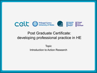 Post Graduate Certificate:
Presentation Titlepractice in HE
developing professional
                         Example
            Author: Simon Haslett
                    Topic
                15th October 2009

      Introduction to Action Research
 