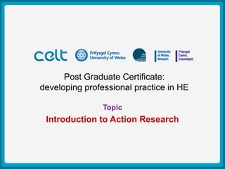 Post Graduate Certificate:
Presentation Titlepractice in HE
developing professional
                         Example
          Author: Simon Haslett
                Topic
              15th October 2009


 Introduction to Action Research
 