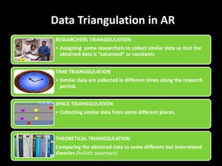 Data Triangulation in AR
RESEARCHERS TRIANGGULATION
• Assigning some researchers to collect similar data so that the
  obtained data is “saturated” or constants


TIME TRIANGGULATION
• Similar data are collected in different times along the research
  period.


SPACE TRIANGGULATION
• Collecting similar data from some different places.



THEORETICAL TRIANGGULATION
Comparing the obtained data to some different but interrelated
theories (holistic approach)
 