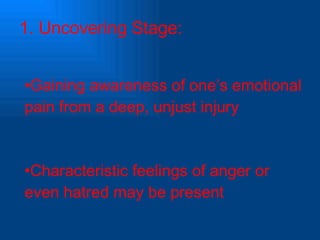1. Uncovering Stage: Gaining awareness of one’s emotional pain from a deep, unjust injury Characteristic feelings of anger or even hatred may be present 