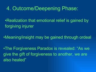 4. Outcome/Deepening Phase: Realization that emotional relief is gained by forgiving injurer Meaning/insight may be gained through ordeal The Forgiveness Paradox is revealed: “As we give the gift of forgiveness to another, we are also healed” 