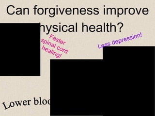 Faster spinal cord healing! Less depression! Can forgiveness improve physical health? Lower blood pressure! 