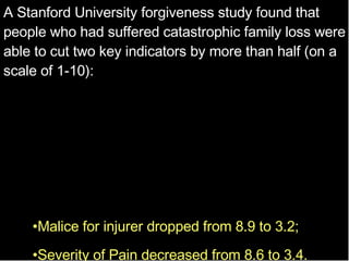 A Stanford University forgiveness study found that people who had suffered catastrophic family loss were able to cut two key indicators by more than half (on a scale of 1-10): Malice for injurer dropped from 8.9 to 3.2; Severity of Pain decreased from 8.6 to 3.4. 