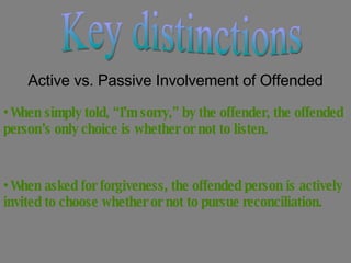 Key distinctions Active vs. Passive Involvement of Offended When simply told, “I’m sorry,” by the offender, the offended person’s only choice is whether or not to listen. When asked for forgiveness, the offended person is actively invited to choose whether or not to pursue reconciliation. 