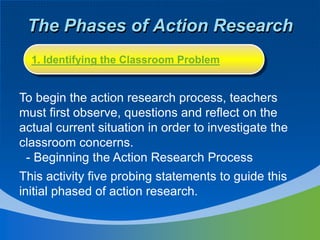 The Phases of Action Research
To begin the action research process, teachers
must first observe, questions and reflect on the
actual current situation in order to investigate the
classroom concerns.
- Beginning the Action Research Process
This activity five probing statements to guide this
initial phased of action research.
1. Identifying the Classroom Problem
 