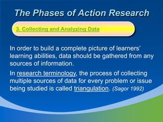 The Phases of Action Research
In order to build a complete picture of learners’
learning abilities, data should be gathered from any
sources of information.
In research terminology, the process of collecting
multiple sources of data for every problem or issue
being studied is called triangulation. (Sagor 1992)
3. Collecting and Analyzing Data
 
