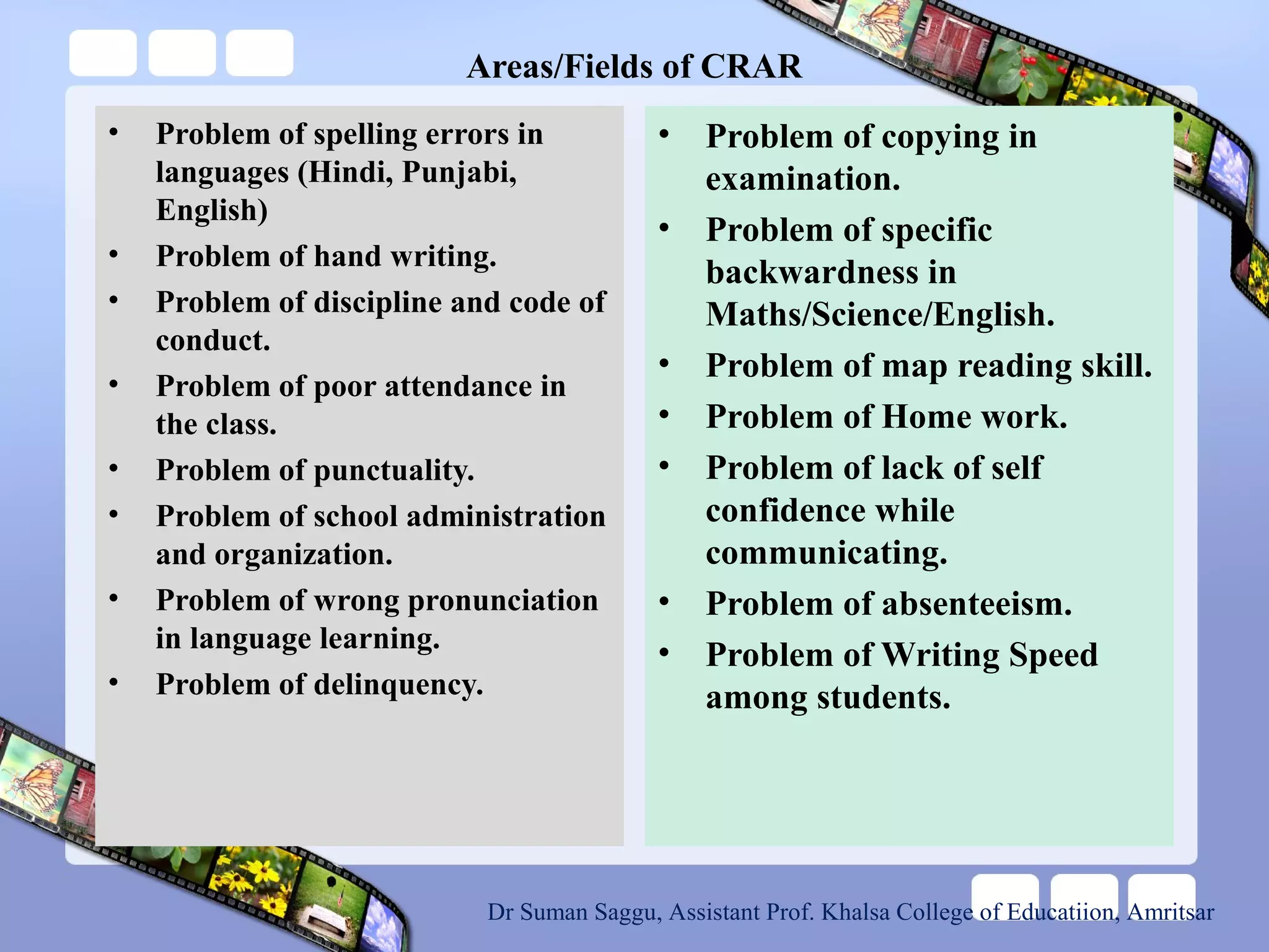 Areas/Fields of CRAR
• Problem of spelling errors in
languages (Hindi, Punjabi,
English)
• Problem of hand writing.
• Problem of discipline and code of
conduct.
• Problem of poor attendance in
the class.
• Problem of punctuality.
• Problem of school administration
and organization.
• Problem of wrong pronunciation
in language learning.
• Problem of delinquency.
• Problem of copying in
examination.
• Problem of specific
backwardness in
Maths/Science/English.
• Problem of map reading skill.
• Problem of Home work.
• Problem of lack of self
confidence while
communicating.
• Problem of absenteeism.
• Problem of Writing Speed
among students.
Dr Suman Saggu, Assistant Prof. Khalsa College of Educatiion, Amritsar
 