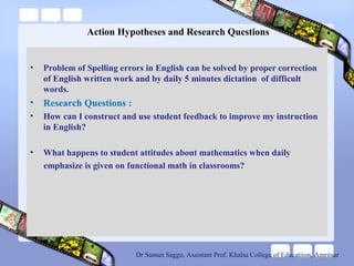 Action Hypotheses and Research Questions
• Problem of Spelling errors in English can be solved by proper correction
of English written work and by daily 5 minutes dictation of difficult
words.
• Research Questions :
• How can I construct and use student feedback to improve my instruction
in English?
• What happens to student attitudes about mathematics when daily
emphasize is given on functional math in classrooms?
Dr Suman Saggu, Assistant Prof. Khalsa College of Educatiion, Amritsar
 