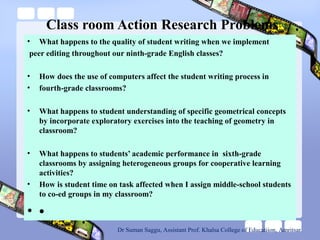 Class room Action Research Problems
• What happens to the quality of student writing when we implement
peer editing throughout our ninth-grade English classes?
• How does the use of computers affect the student writing process in
• fourth-grade classrooms?
• What happens to student understanding of specific geometrical concepts
by incorporate exploratory exercises into the teaching of geometry in
classroom?
• What happens to students’ academic performance in sixth-grade
classrooms by assigning heterogeneous groups for cooperative learning
activities?
• How is student time on task affected when I assign middle-school students
to co-ed groups in my classroom?
• •
Dr Suman Saggu, Assistant Prof. Khalsa College of Educatiion, Amritsar
 