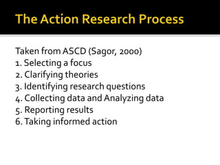 Taken from ASCD (Sagor, 2000)
1. Selecting a focus
2. Clarifying theories
3. Identifying research questions
4. Collecting data and Analyzing data
5. Reporting results
6.Taking informed action
 