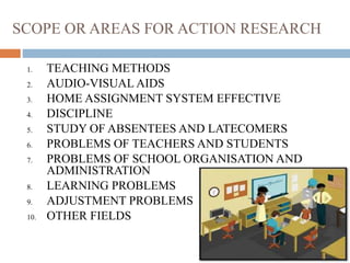 SCOPE OR AREAS FOR ACTION RESEARCH
1. TEACHING METHODS
2. AUDIO-VISUAL AIDS
3. HOME ASSIGNMENT SYSTEM EFFECTIVE
4. DISCIPLINE
5. STUDY OF ABSENTEES AND LATECOMERS
6. PROBLEMS OF TEACHERS AND STUDENTS
7. PROBLEMS OF SCHOOL ORGANISATION AND
ADMINISTRATION
8. LEARNING PROBLEMS
9. ADJUSTMENT PROBLEMS
10. OTHER FIELDS
 