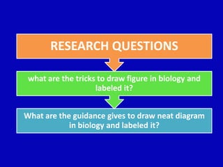 What are the guidance gives to draw neat diagram
in biology and labeled it?
what are the tricks to draw figure in biology and
labeled it?
RESEARCH QUESTIONS
 