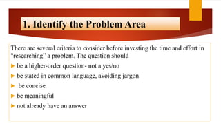 1. Identify the Problem Area
There are several criteria to consider before investing the time and effort in
"researching” a problem. The question should
 be a higher-order question- not a yes/no
 be stated in common language, avoiding jargon
 be concise
 be meaningful
 not already have an answer
 