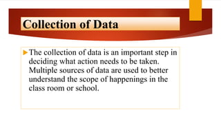 Collection of Data
The collection of data is an important step in
deciding what action needs to be taken.
Multiple sources of data are used to better
understand the scope of happenings in the
class room or school.
 