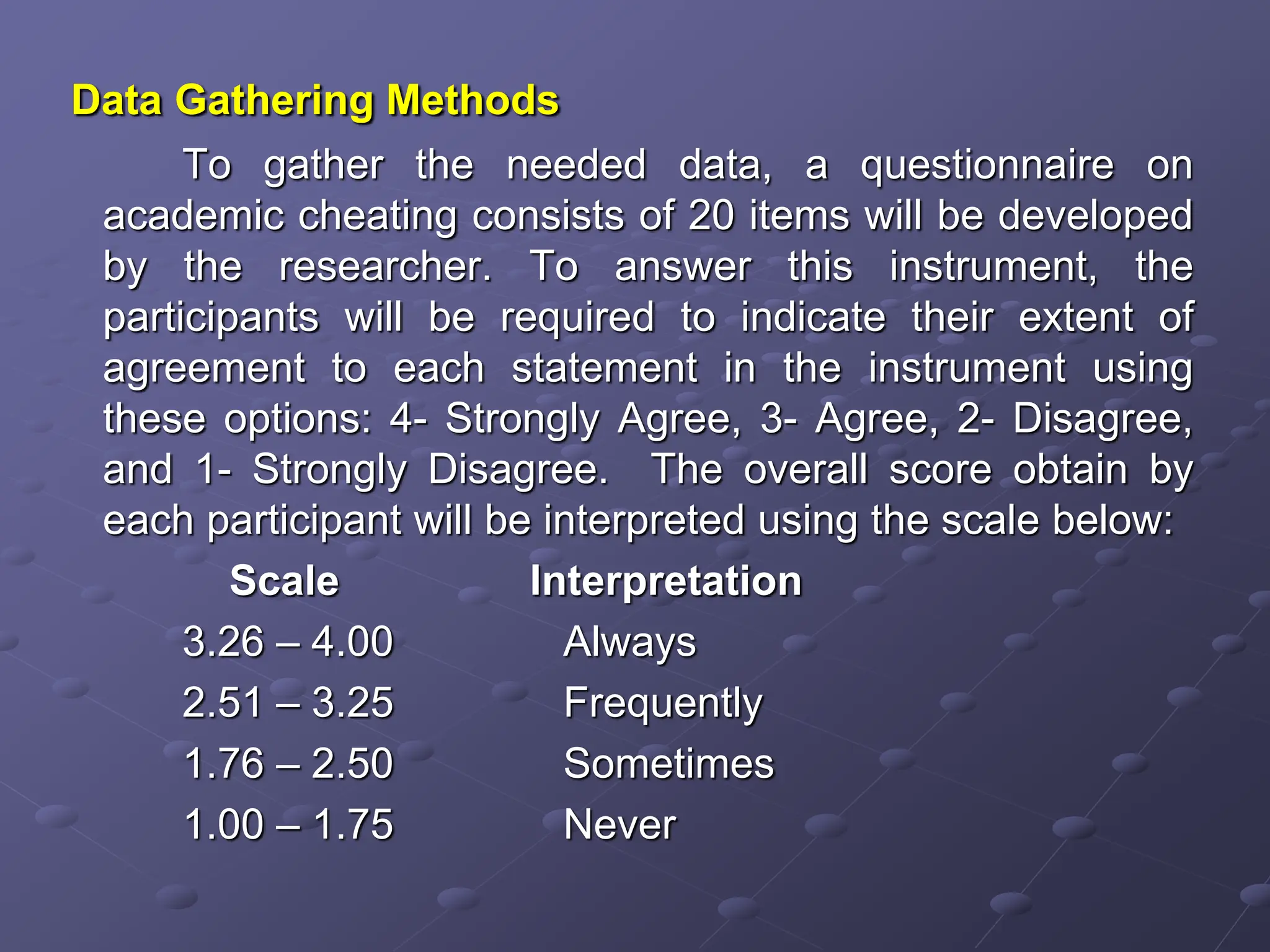 Data Gathering Methods
To gather the needed data, a questionnaire on
academic cheating consists of 20 items will be developed
by the researcher. To answer this instrument, the
participants will be required to indicate their extent of
agreement to each statement in the instrument using
these options: 4- Strongly Agree, 3- Agree, 2- Disagree,
and 1- Strongly Disagree. The overall score obtain by
each participant will be interpreted using the scale below:
Scale Interpretation
3.26 – 4.00 Always
2.51 – 3.25 Frequently
1.76 – 2.50 Sometimes
1.00 – 1.75 Never
 