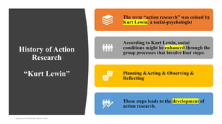 History of Action
Research
“Kurt Lewin”
www.schoolofeducators.com
The term “action research” was coined by
Kurt Lewin, a social-psychologist
According to Kurt Lewin, social
conditions might be enhanced through the
group processes that involve four steps:
Planning &Acting & Observing &
Reflecting
These steps leads to the development of
action research.
 