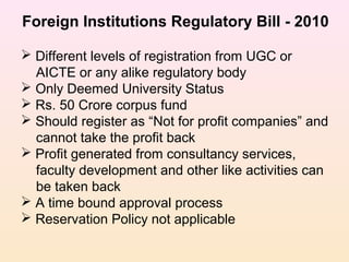 Foreign Institutions Regulatory Bill - 2010
 Different levels of registration from UGC or
AICTE or any alike regulatory body
 Only Deemed University Status
 Rs. 50 Crore corpus fund
 Should register as “Not for profit companies” and
cannot take the profit back
 Profit generated from consultancy services,
faculty development and other like activities can
be taken back
 A time bound approval process
 Reservation Policy not applicable
 