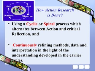 How Action Research
is Done?
• Using a Cyclic or Spiral process which
alternates between Action and critical
Reflection, and
• Continuously refining methods, data and
interpretation in the light of the
understanding developed in the earlier
cycles.
 