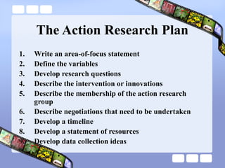 The Action Research Plan
1. Write an area-of-focus statement
2. Define the variables
3. Develop research questions
4. Describe the intervention or innovations
5. Describe the membership of the action research
group
6. Describe negotiations that need to be undertaken
7. Develop a timeline
8. Develop a statement of resources
9. Develop data collection ideas
 