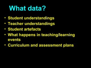 What data?
What happens in teaching/learning events
• Student understandings
• Teacher understandings
• Student artefacts
• What happens in teaching/learning
events
• Curriculum and assessment plans
 